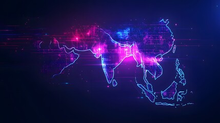Asia digital network map, data flow, glowing lines, dark background, tech presentation