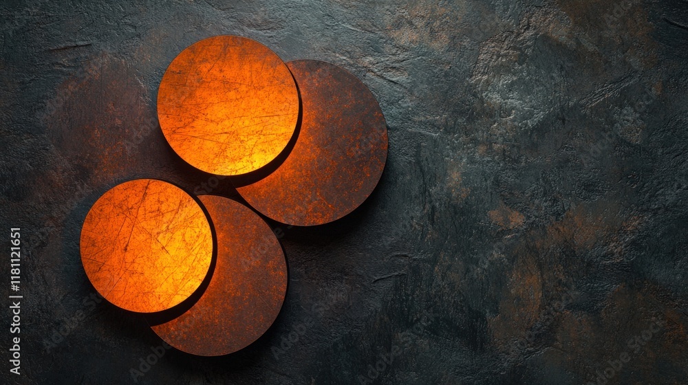 Poster glowing amber circles on dark rustic surface: abstract background image