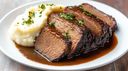 smoked brisket slices with a caramelized crust, plated with mashed potatoes and a rich gravy, rustic 