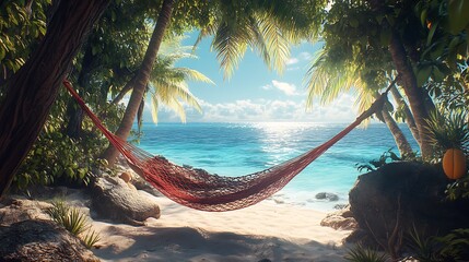 Fototapeta premium A beachside hammock chair swaying gently under the shade of palm trees, with a view of turquoise water stretching out to the horizon, sunlight filtering through the leaves creating playful shadows,