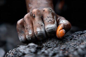 Obraz premium A weathered hand with dirt and ash clings tightly to rough volcanic rock, showcasing the strength and determination amidst a challenging landscape during an outdoor adventure