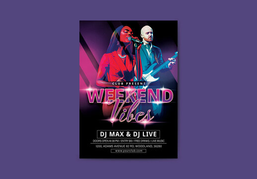 Weekend Vibes Party Flyer with Female Singer, Male Guitarist and Venue Details.