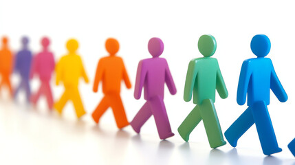 Rainbow colored paper figures in walking motion. Ideal for showing progress and collective movement concepts.