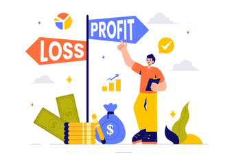 Profit and Loss Vector Illustration Featuring Investment Gains, Earnings, Money Loss, and a Businessman Investor Balancing on a Seesaw with an Arrow