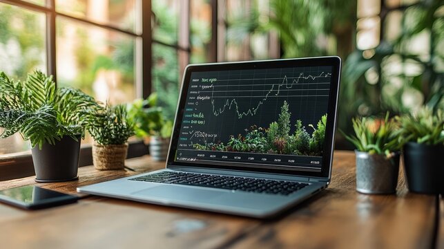Eco-Friendly Workspace with Laptop Displaying Financial Growth Charts in Green Office Setting