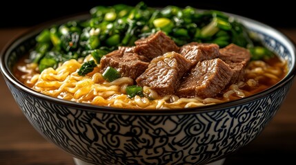Obraz premium Delicious Beef Noodle Soup in a Blue and White Bowl