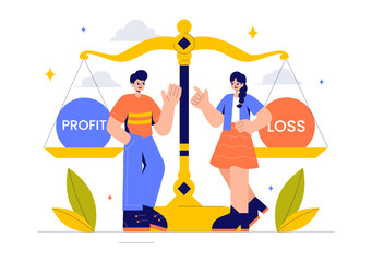 Profit and Loss Vector Illustration Featuring Investment Gains, Earnings, Money Loss, and a Businessman Investor Balancing on a Seesaw with an Arrow