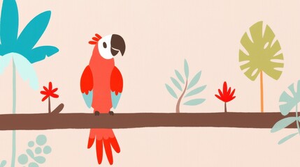 Bird watercolor concept. Vibrant Parrot Doodle Perching on Tropical Branch with Foliage