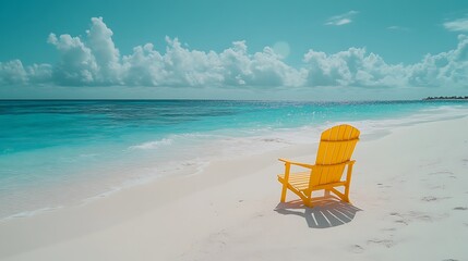 A bright yellow lounge chair positioned on pristine white sand, contrasting beautifully with the azure waters and a clear blue sky, soft sunlight enhancing the vibrant colors,