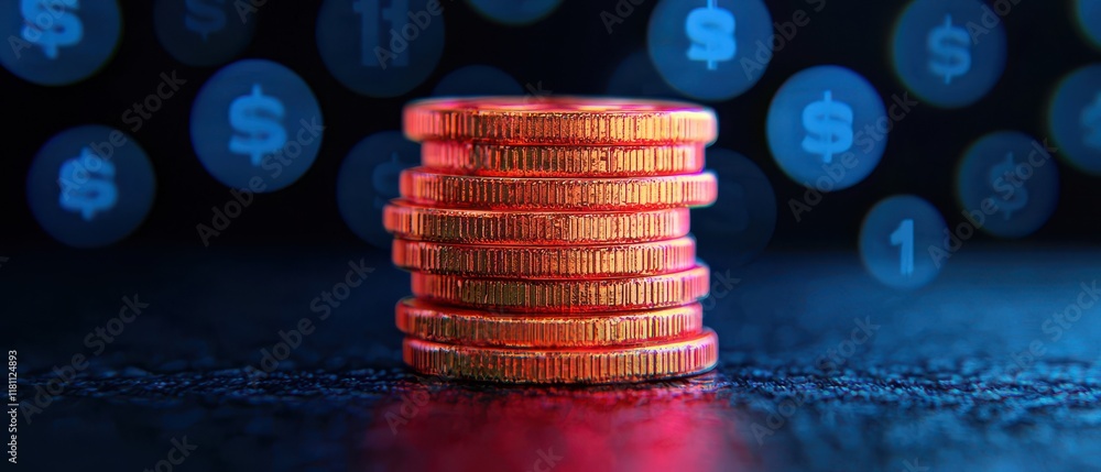 Poster stack of shiny coins with digital currency symbols in the background.