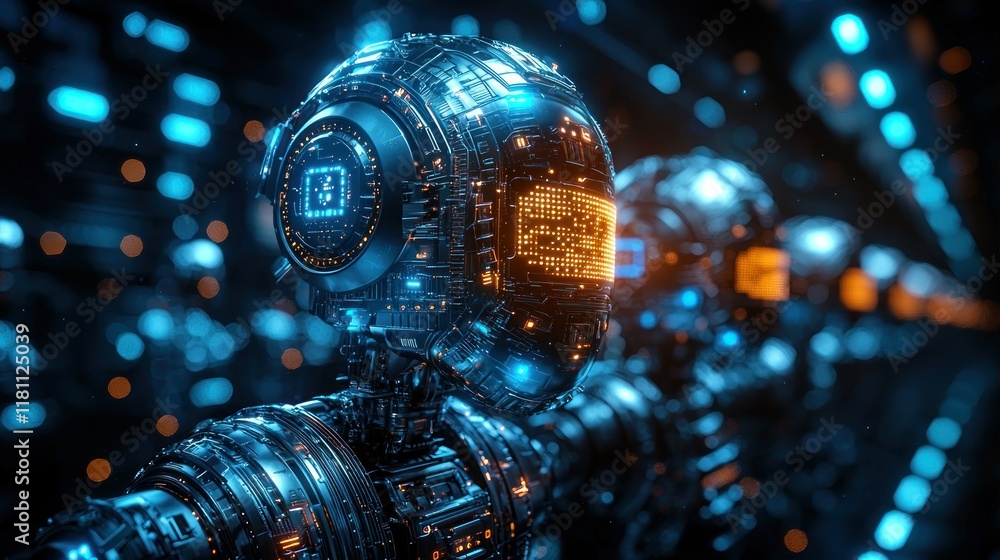 Poster futuristic robot array: a digital symphony of chrome and light