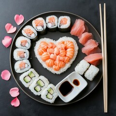 Heart shaped sushi roll arranged with colorful fillings and garnishes on a black plate, showcasing culinary creativity and presentation for a perfect meal