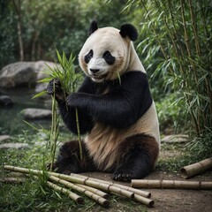 A panda waving with one paw and holding a bamboo in the other.
