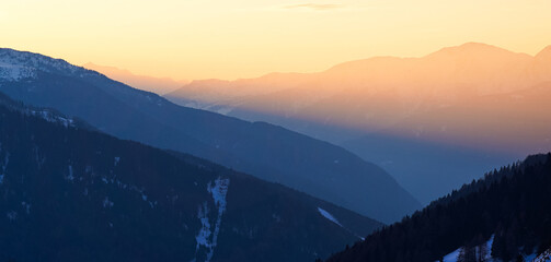 Panoramic view of mountains near Passo Tonale, Ponte di Legno, Italy. Large snowy mountain range....