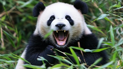 Obraz premium Playful Panda in Bamboo Forest: A Close-Up Encounter