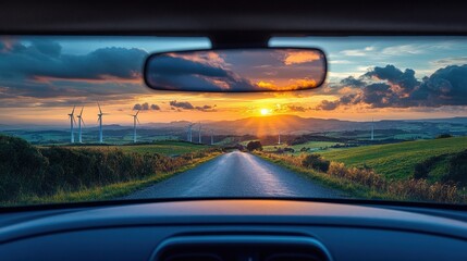 Naklejka premium Rearview Mirror of Electric Car Shows Scenic Sunset and Windmills