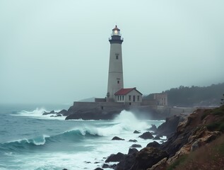 An old lighthouse on the coast, waves crashing against its base