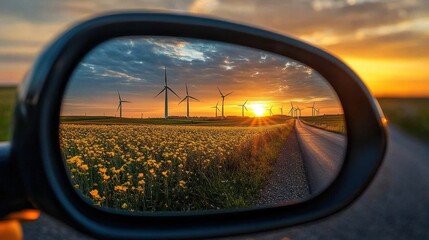 Sunset Reflection in Rearview Mirror of an Electric Vehicle Scene