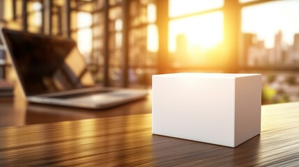 White Box on Wooden Desk in Modern Office with Blurred City Background