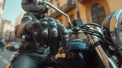 Close-Up of Black Leather Gloves with Metal Buttons on Motorcycle Handlebar