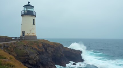 Obraz premium An old lighthouse on the coast, waves crashing against its base