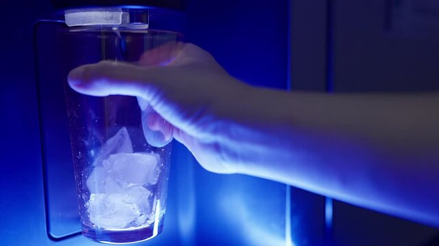 Close up a woman hand pressing the button on an automatic ice dispenser in a refrigerator, Freezer automatic ice maker