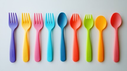 Bright Plastic Cutlery Set Viewed from Above on White Background
