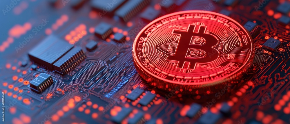 Poster bitcoin coin on a circuit board with a red glow.