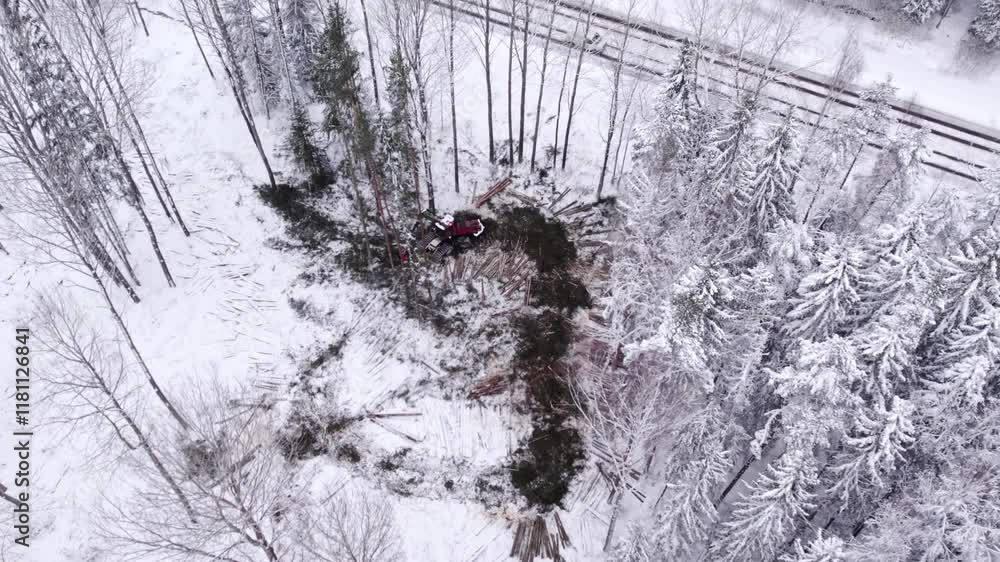 Poster drone view of forest harvester in action in winter forest. harvester logging a tree