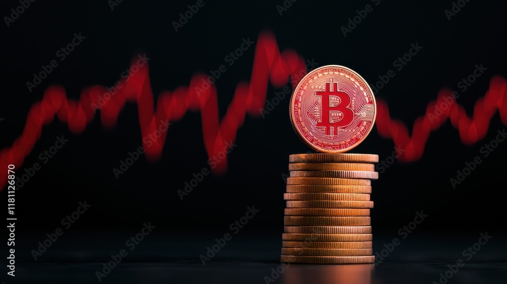 Poster bitcoin on stacked coins with fluctuating graph in the background.
