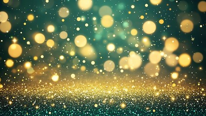 Golden glitter bokeh background, sparkling lights, festive backdrop, ideal for celebratory designs.
