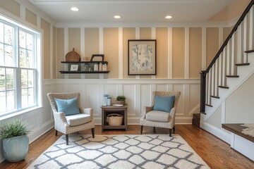 Cozy living room with traditional design featuring cream walls, tan accent wall, and light blue accents. Open concept layout near staircase.