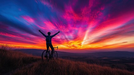 Obraz premium Cyclist Celebrating in Silhouette Against Vibrant Sunset Sky
