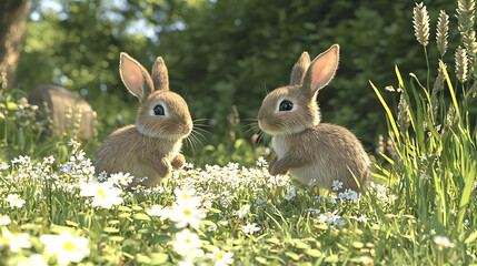 Obraz premium Rabbits hopping playfully among soft clover and wildflowers in sunlight