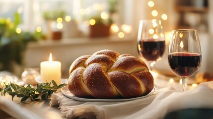 Fototapeta premium A round challah bread on a beautifully decorated table with candles and wine, symbolizing unity and continuity for the new year