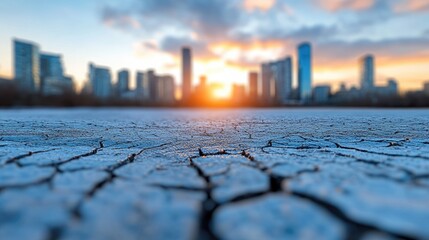Urban Sunrise over Cracked Ground: Symbolizing Climate Change and Urbanization Challenges
