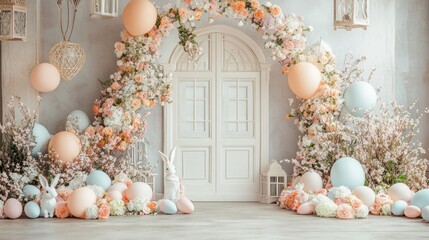 Pastel Easter Backdrop:  Floral Archway with Balloons and Bunnies