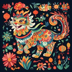 Obraz premium Vibrant Chinese Zodiac Animal Surrounded by Festive and Auspicious Symbols