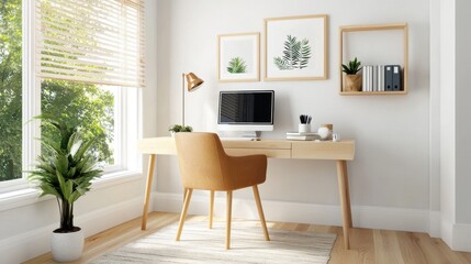 A Scandinavian-inspired home office with light wood furniture, neutral tones, and plenty of natural light for a clean, minimalist look