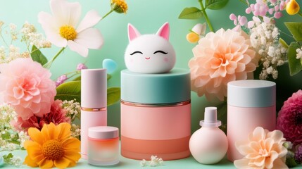 A selection of popular K-beauty products displayed with delicate packaging and cute designs, surrounded by flowers