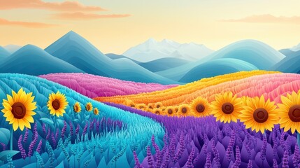 Colorful Isometric Landscape with Vibrant Flowers and Mountains