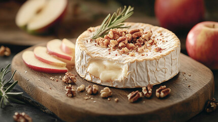 Queso camembert cremoso decorado con nueces y romero, acompañado de rodajas de manzana y manzanas enteras sobre tabla de madera rústica.