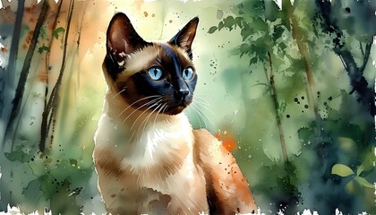 watercolor painting of cute Siamese cat ,