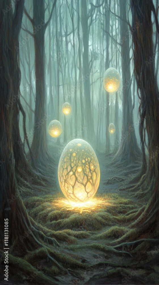 Poster glowing easter egg resting on illuminating moss surrounded by floating orbs in a twilight forest set