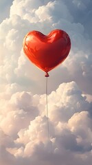 Fototapeta premium Minimalistic Heart Balloon Floating Upward in Cloudy Sky with Blank Background
