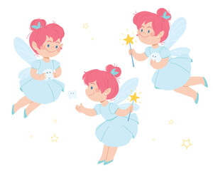 Set of magical tooth fairies with wings, teeth and a magic wand. Fairytale character for children. Caring for baby teeth