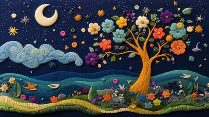 Whimsical Colorful Tree of Life Design with Felt Flowers and Stars