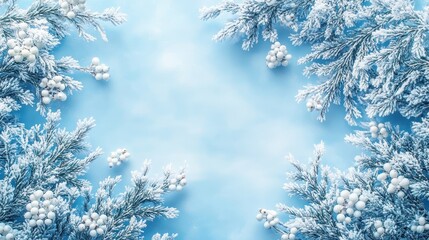 Frosty Blue Background with Icy Spruce Branches and Berries