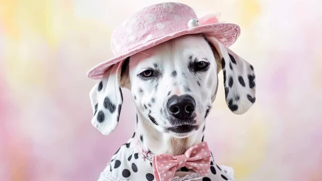 Adorable Dalmatian Dog in Pink Hat and Bow Tie | Cute Pet Portrait | Playful Canine Fashion | Studio Background | High-Quality 4K Video