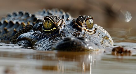 Obraz premium Spectacled caiman in murky water, sunset, wildlife.